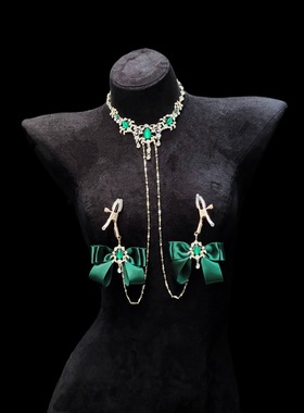 灼欲*《翠影》蝴蝶结复古镶钻项链性感连体胸链R夹身体链穿戴饰品