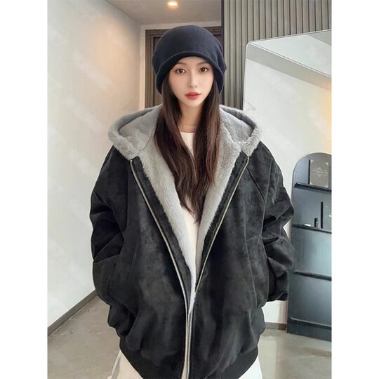 Douyin's same style velvet thickened hooded cotton jacket