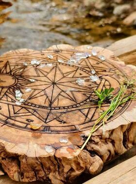 雷击木水晶底座 水晶能量阵盘带星月阵纹木盘水晶木阵盘水晶底座