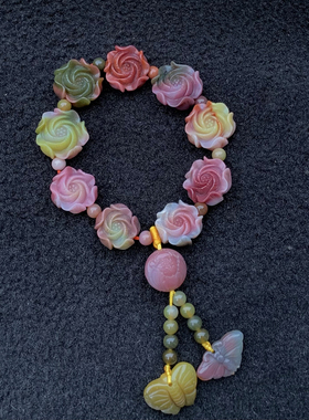 天然七彩盐源玛瑙牡丹花手串女饰品玫瑰花手链粉紫红黄绿蓝西瓜色