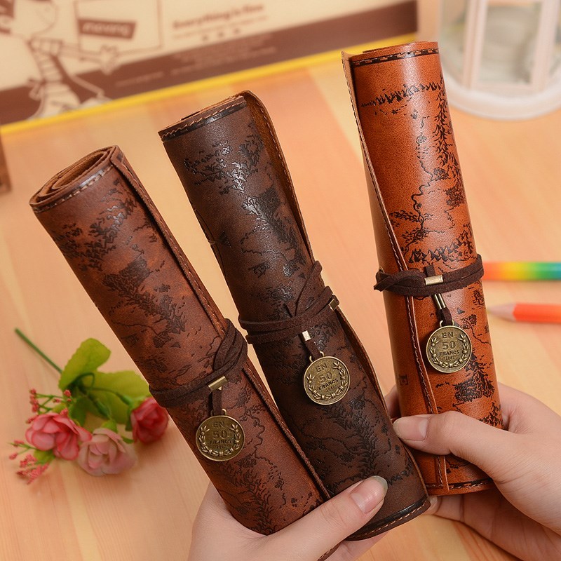 Vintage Retro Treasure Map Pencil Cases Luxury Roll Leather - 图2