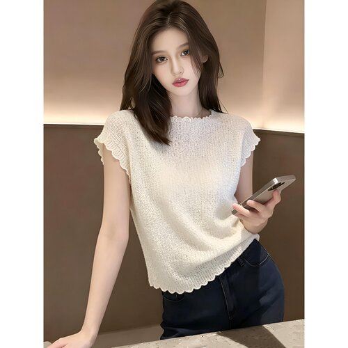 法式高级感奶白色不规则短袖t恤女夏季新款独特洋气别致女士上衣 - 图0