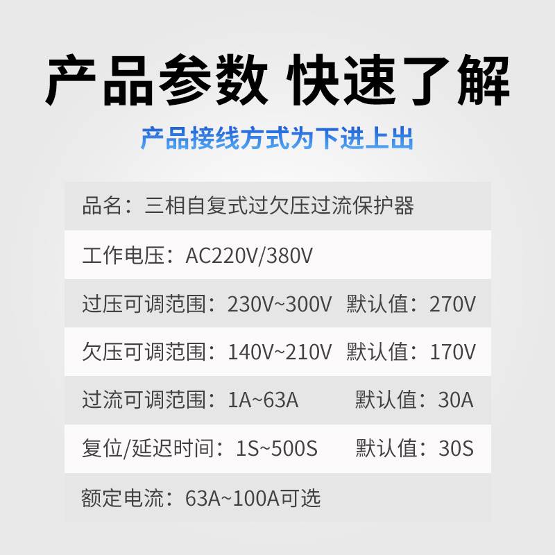 三相可调数显自复式过欠压限流保护器缺零缺相断电过流载63A380V - 图2