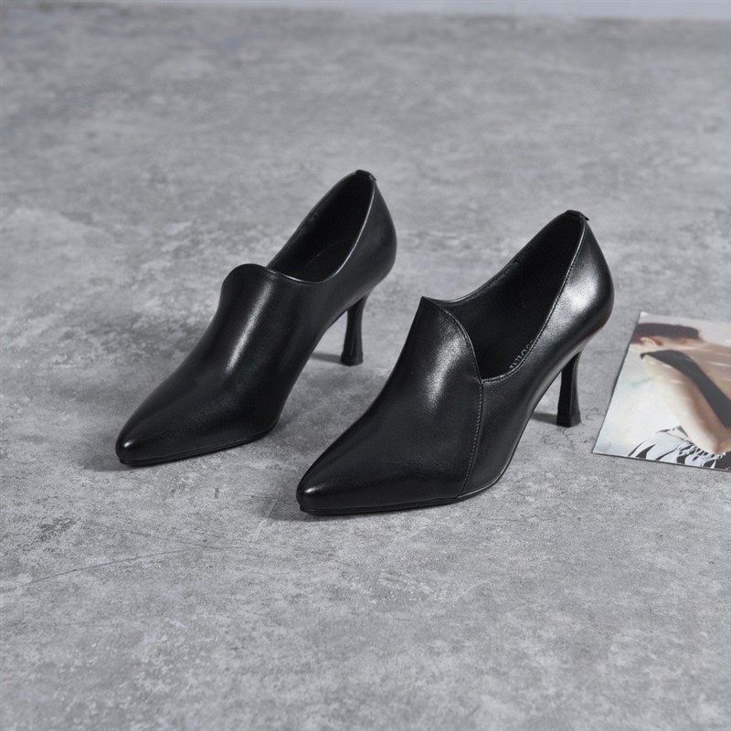 真皮深口单鞋女2023年新款春季尖头高跟百搭气质小V跟软皮黑色皮,淘宝优惠券,粉丝福利购,淘宝优惠卷