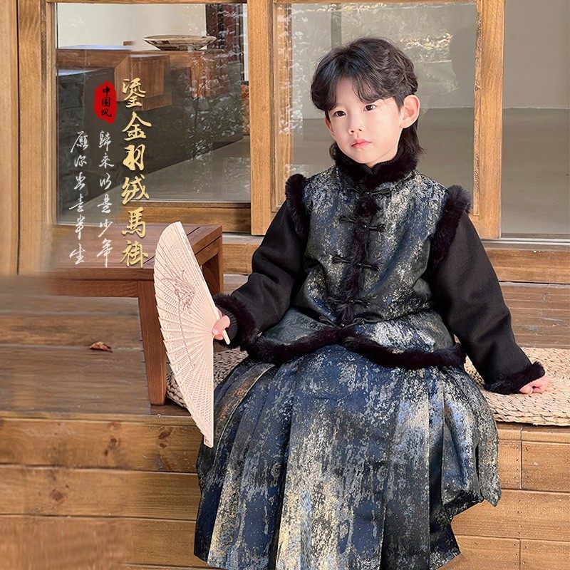 儿童唐装男童新中式马面r裙套装秋冬中国风羽绒服男孩汉服拜年衣,淘宝优惠券,粉丝福利购,淘宝优惠卷