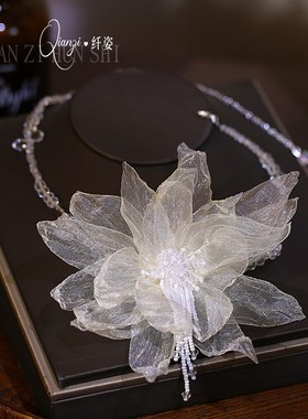 超仙手工水晶串珠纱花朵颈u链新娘项链甜美婚纱礼服锁骨链样片配
