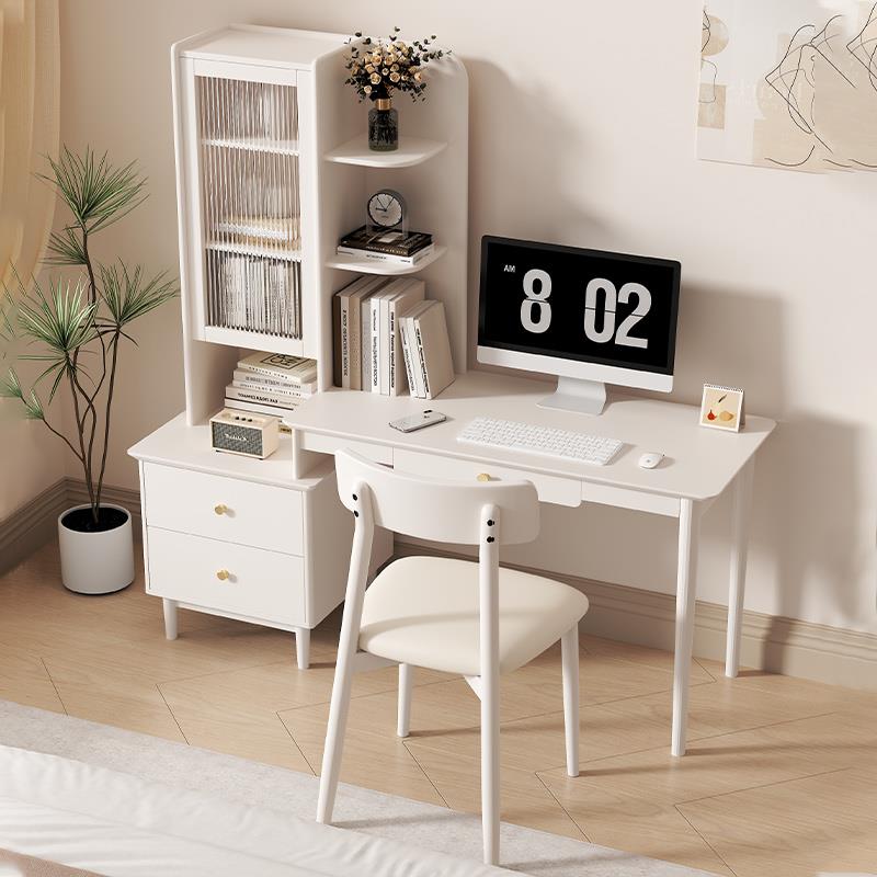 奶油风卧室家用小户型书桌办公桌现代简约实木电脑桌书柜书架组合