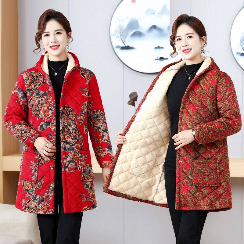 四川省省服罩衣女款妈妈冬装中长款加绒棉衣印花棉袄外套加厚大衣,淘宝优惠券,粉丝福利购,淘宝优惠卷