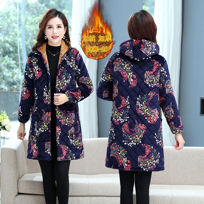 四川省服妈妈冬新款印花棉大衣中年女士洋气连帽加绒加厚棉衣外套 - 图2