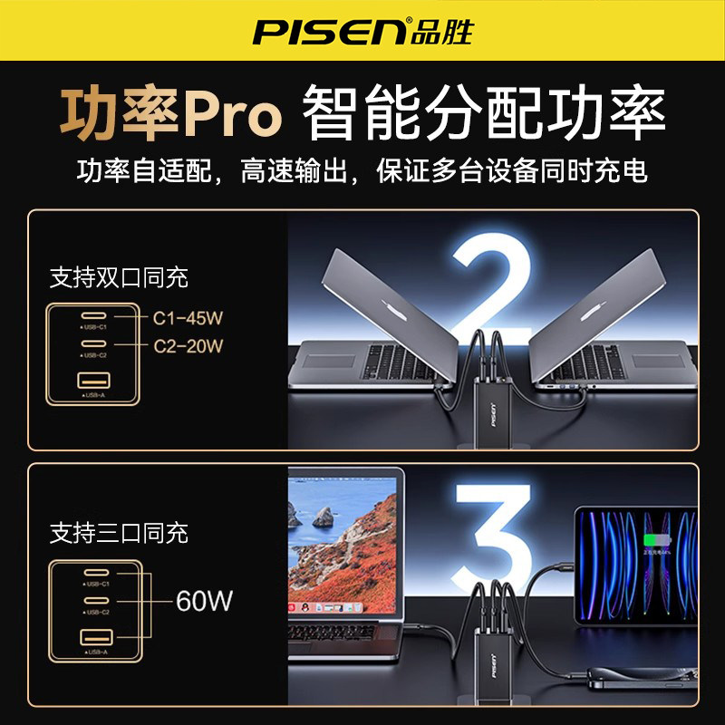 品胜65W氮化镓充电器超级快充插头多口Type-C适用iPhone17苹果华为小米荣耀手表耳机笔记本电脑iPad平板通用,淘宝优惠券,粉丝福利购,淘宝优惠卷
