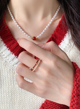 法式复古酒红珍珠开口戒指