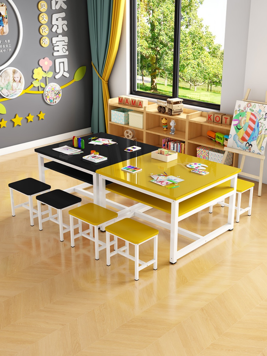 幼儿园小学生手工桌培训班书法美术绘画桌钢化玻璃桌画室桌椅组合 - 图2