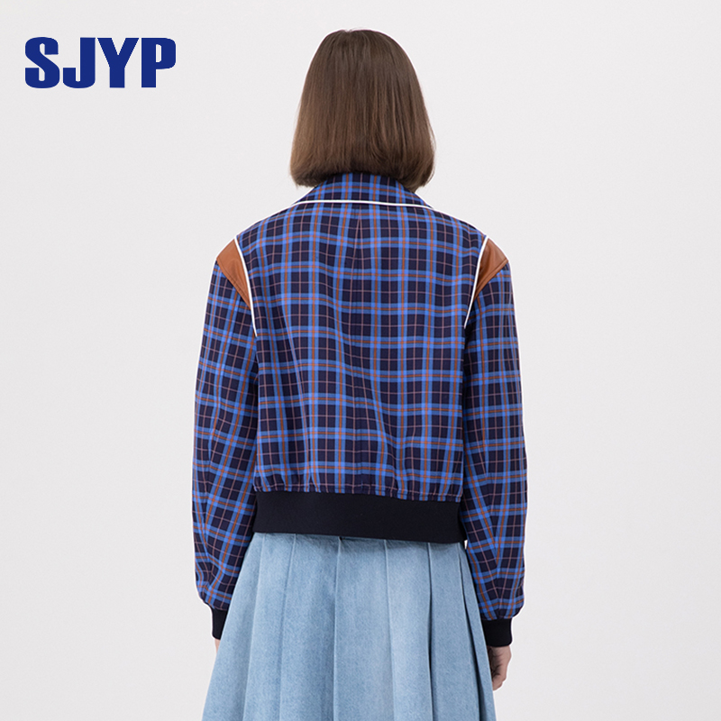 SJYP时尚撞色翻领拼接格纹女士短外套2023秋季新款棉服韩版上衣