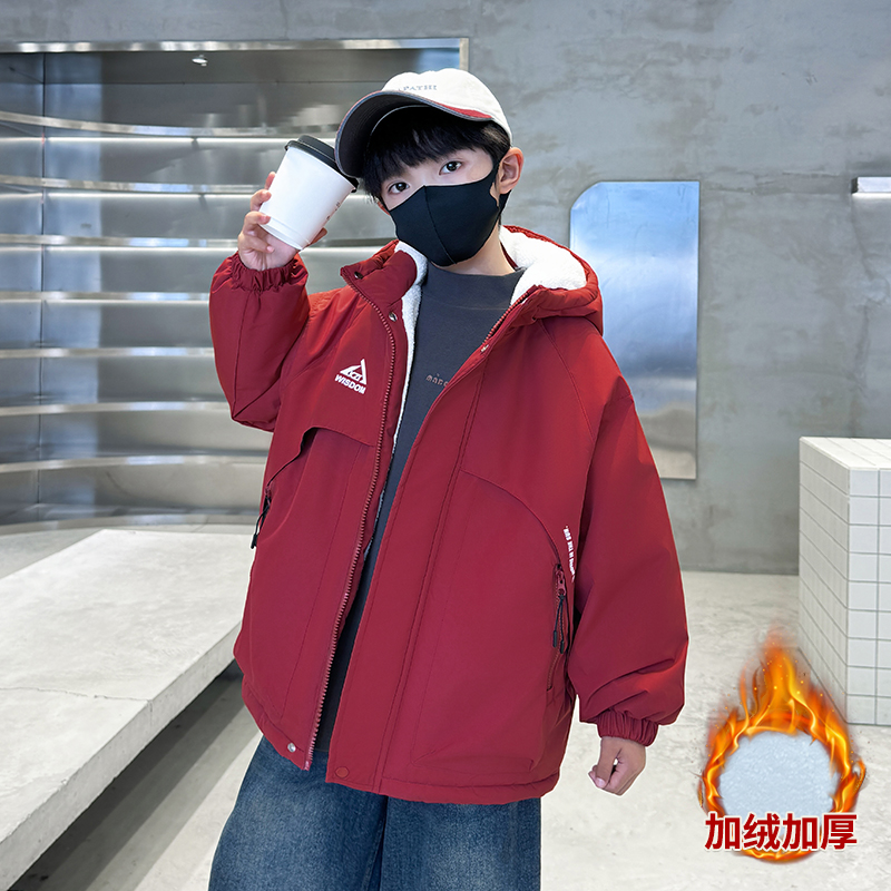 童装男童加绒厚外套2024新款中大童帅气冬季保暖派克服大男孩棉服