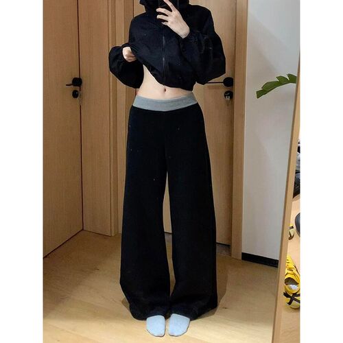小个子梨型身材的黑色女裤子拼接设计感小众大码腿粗胯宽休闲裤 - 图0