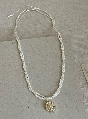 高级感八芒星碎银珍珠缠绕双层项链女法式轻奢时尚潮流颈链锁骨链