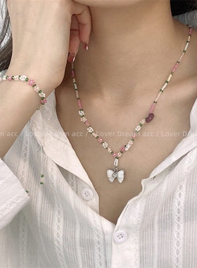 蝴蝶结耳环珠子锁骨链女合金