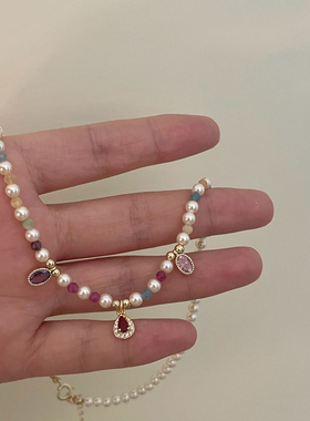 红宝石项链珍珠锁骨链女水晶