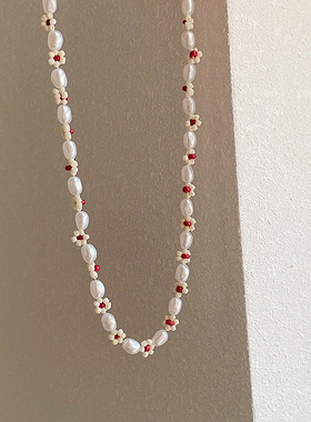 小红花项链珍珠锁骨链女合金