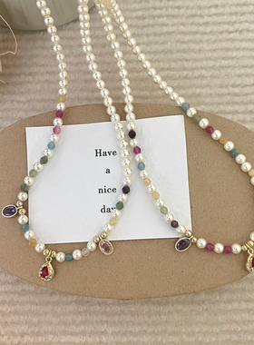 红宝石项链珍珠锁骨链女水晶