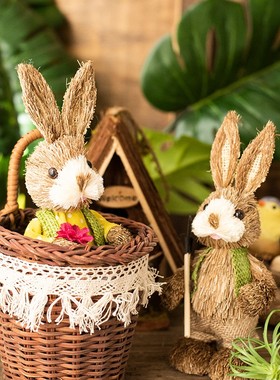 JK慕空间 迷你小号手工天然草编兔子 可爱动物花园阳台装饰摆件