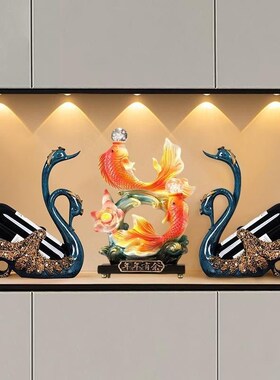 新品【三件套】双珠凤尾金鱼天鹅酒架套装摆件客厅酒柜玄关摆设