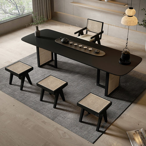 侘寂风实木泡茶桌简约功夫茶几大板茶台办公室新中式茶桌椅组合 - 图1