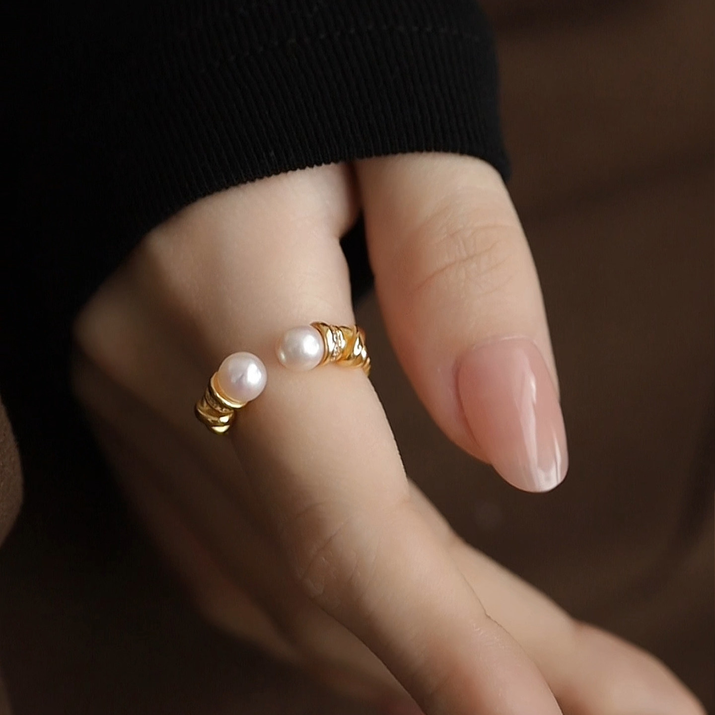 Jane's Jewelry Natural Freshwater Pearl Ring Women's Round Strong Light Double Beads Light Luxury Adjustable Opening Index Finger Ring