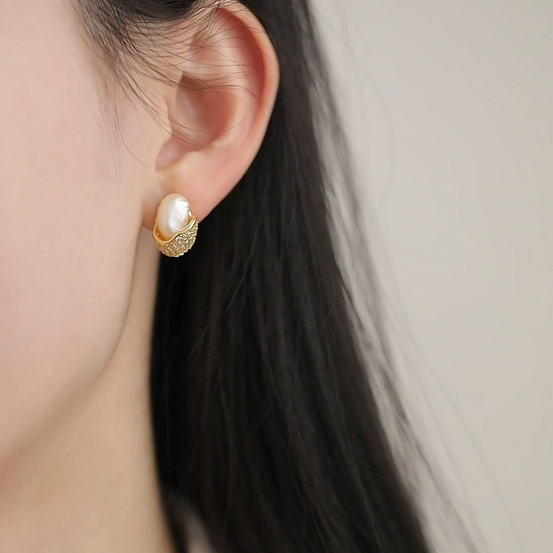 珍氏珠宝天然淡水珍珠耳钉女款 异形巴洛克蛋壳复古气质耳环耳饰,淘宝优惠券,粉丝福利购,淘宝优惠卷