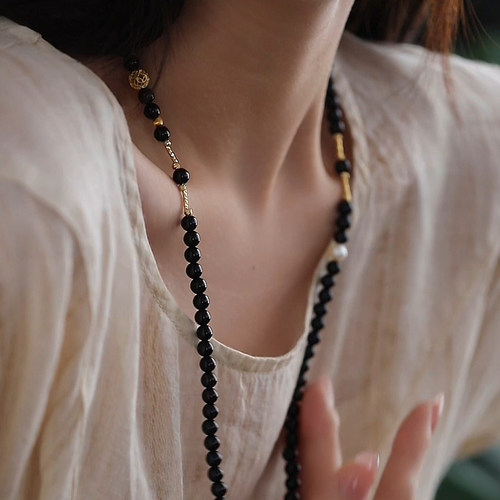 珍氏珠宝天然淡水珍珠项链女款 新中式黑曜石气质高级感长款颈链 - 图0