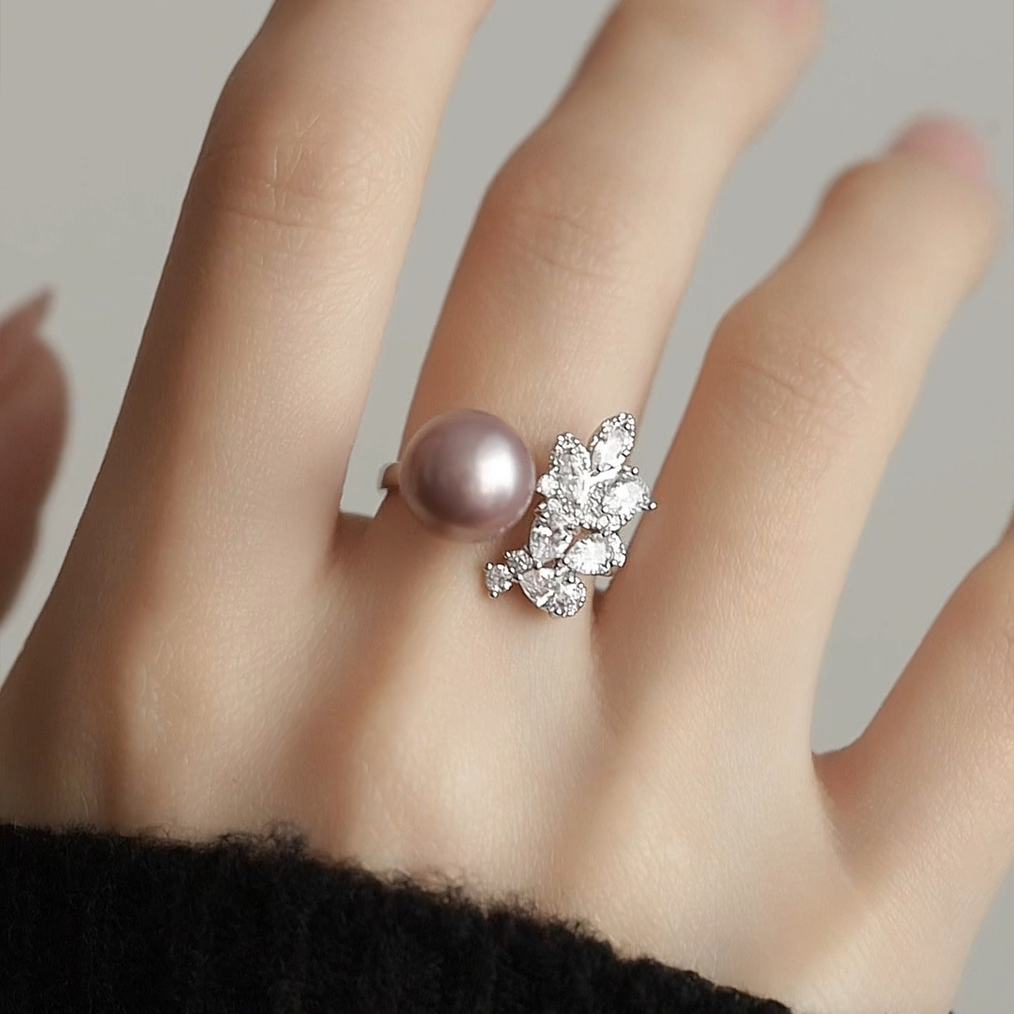 Jane's Jewelry Natural Freshwater Pearl Ring Women's Purple Round Zircon Leaf Elegant and High-end Ring