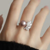 Jane's Jewelry Natural Freshwater Pearl Ring Women's Purple Round Zircon Leaf Elegant and High-end Ring