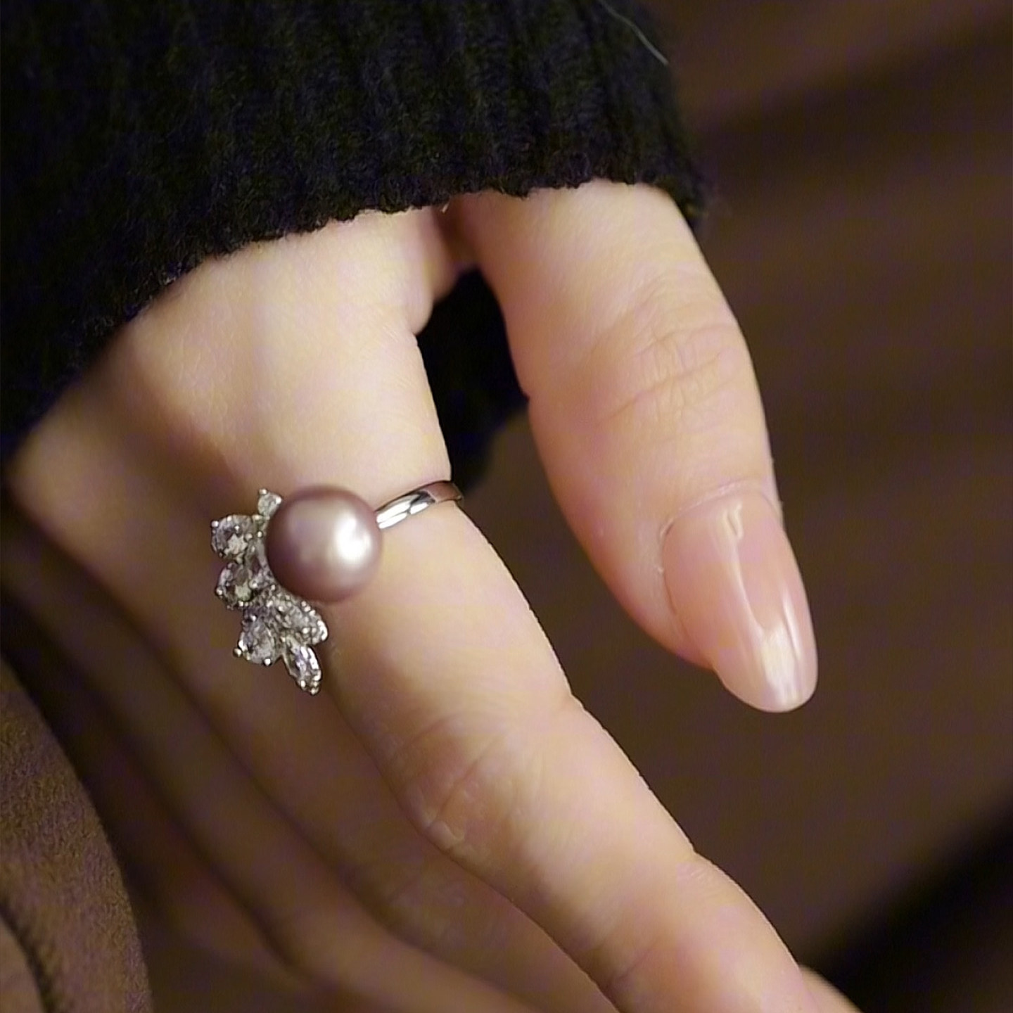 Jane's Jewelry Natural Freshwater Pearl Ring Women's Purple Round Zircon Leaf Elegant and High-end Ring