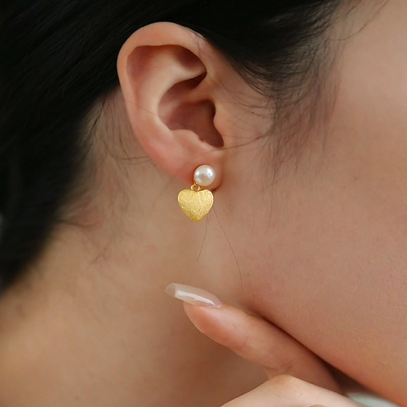 珍氏珠宝天然淡水珍珠耳钉女款磨砂拉丝爱心法式精致甜美耳坠耳饰,淘宝优惠券,粉丝福利购,淘宝优惠卷