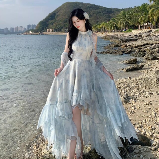 Summer French halterneck mesh ຊຸດພັກຜ່ອນສໍາລັບແມ່ຍິງ