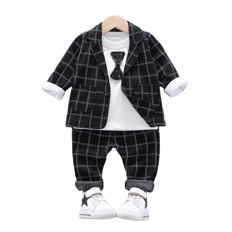 童套装2020春秋装新款韩版中小童男童细格子西装长袖三件套潮