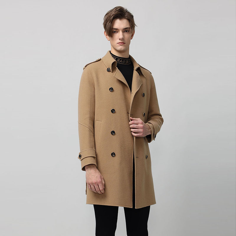 RARE威雅男装奥莱秋冬男士卡其色双面呢双排扣风衣型长款大衣,淘宝优惠券,粉丝福利购,淘宝优惠卷
