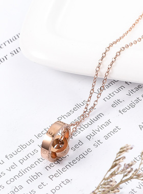 钛钢双环项链女金典圆圈锁骨链精致饰品玫瑰金卡家项链