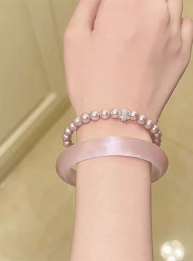桃之夭夭天然浅色粉色猫眼手镯年轻款郁金香美人镯玛瑙扁条玉髓