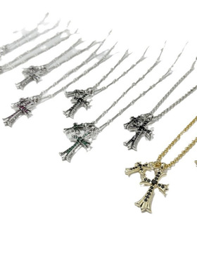 克羅心潮流个性复古彩钻双十字架吊坠项链男女同款感日常百搭