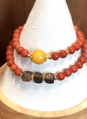 天然满色南红串珠搭配老蜜蜡双圈方糖沉香木文玩手串送女友礼物款