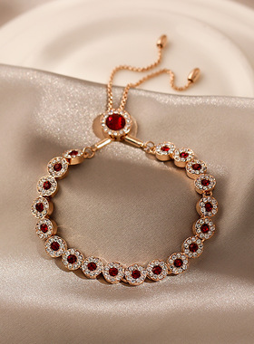 玫瑰金红水晶复古手链女ins小众设计简约冷淡风手镯韩版网红手饰