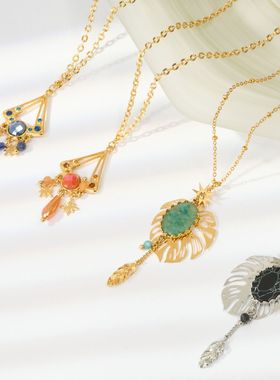 法式树叶石头项链钛钢欧洲不锈钢女轻奢祖母绿ins风复古