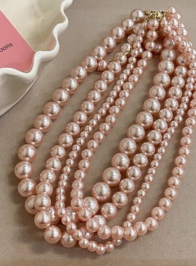 粉色玻璃珍珠项链女秋冬毛衣链气质麻灰色感珍珠颈链