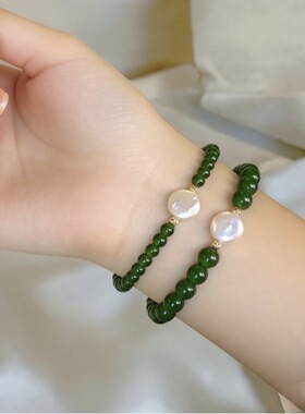 绿玉髓异形巴洛克淡水珍珠手链弹力可调节串珠新中式玛瑙招财猫