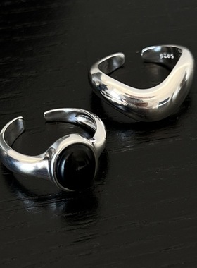 黑色椭圆锆石戒指女几何镂空鼻子气质S925镀银开口指环叠戴食指