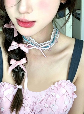 元气少女纯欲甜美可爱蕾丝蝴蝶结项链女短choker颈带洛丽塔颈链韩