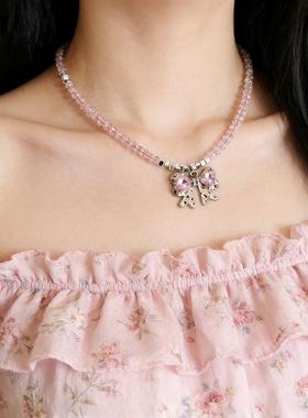 ins韩国清新甜美串珠蝴蝶结爱心项链女吊坠小众时尚百搭锁骨颈链