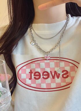 ins休闲风甜美小众爱心双层项链女时尚百搭锁骨链颈链吊坠卫衣链