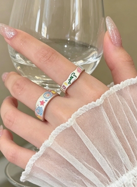 超可爱ins韩多巴胺童趣卡通涂鸦戒指女开口小众设计百搭叠戴指环